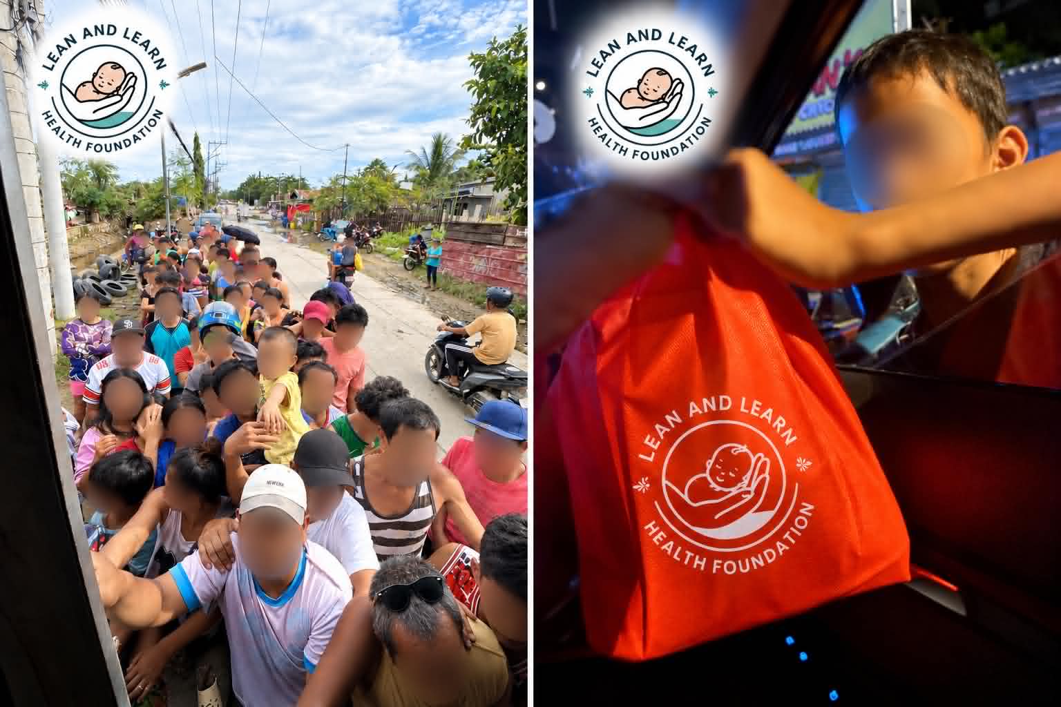 Community members receiving relief support and a foundation relief bag